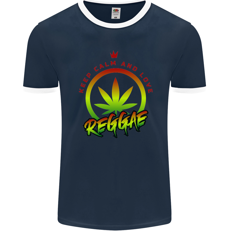 Keep Calm and Love Reggae Music Mens Ringer T-Shirt FotL Navy Blue/White