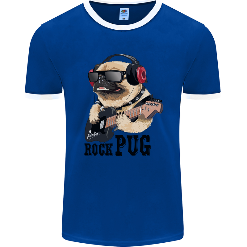 Rock n Roll Pug Funny Guitar Heavy Metal Mens Ringer T-Shirt FotL Royal Blue/White