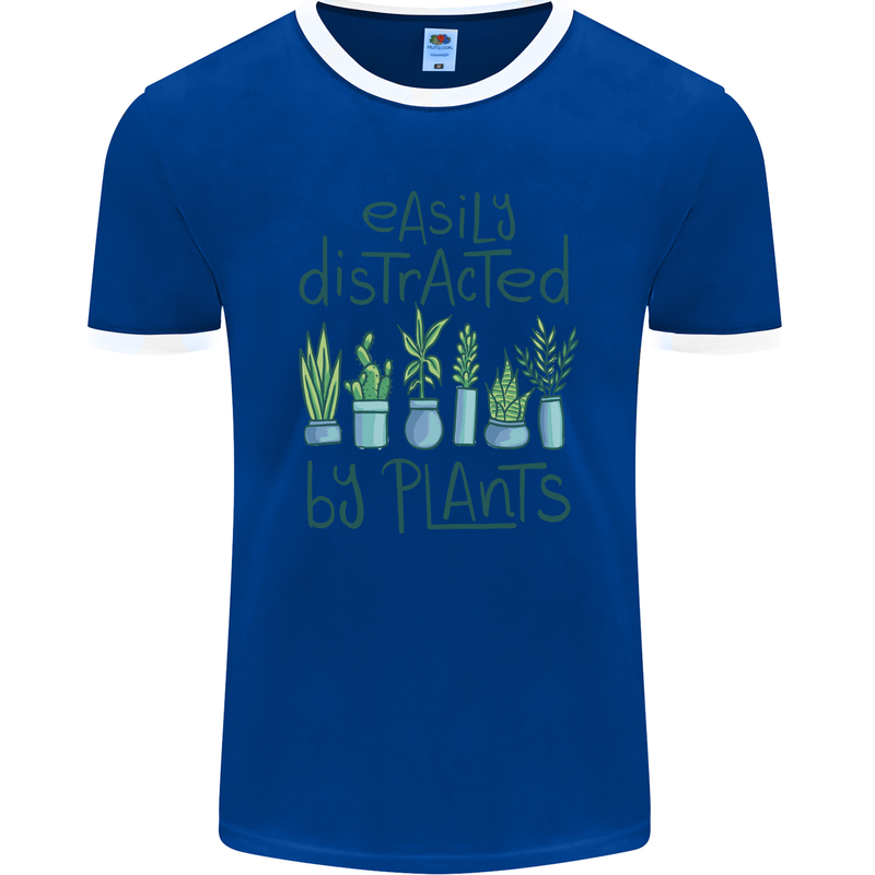 Easily Distracted by Plants Botanist Funny Mens Ringer T-Shirt FotL Royal Blue/White