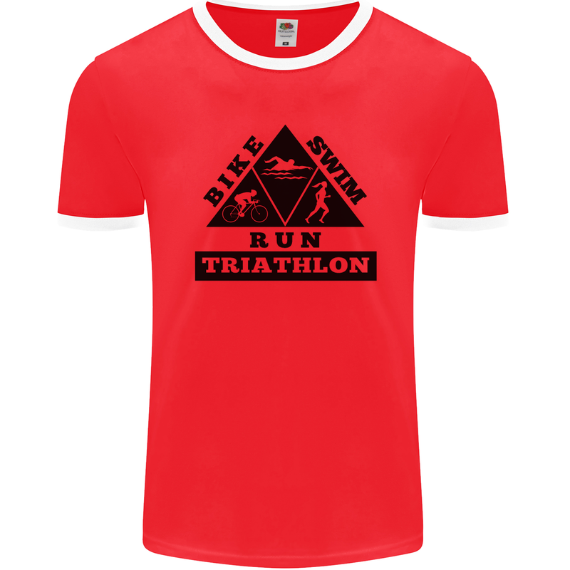 Triathlon Triangle Running Swimming Cycling Mens Ringer T-Shirt FotL Red/White