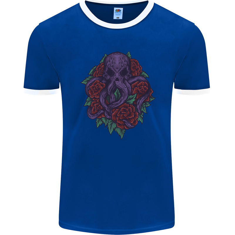 Octopus Skull Cthulhu Kraken With Roses Mens Ringer T-Shirt FotL Royal Blue/White