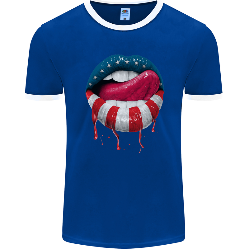 Sexy USA Flag Lips America July 4th Mens Ringer T-Shirt FotL Royal Blue/White