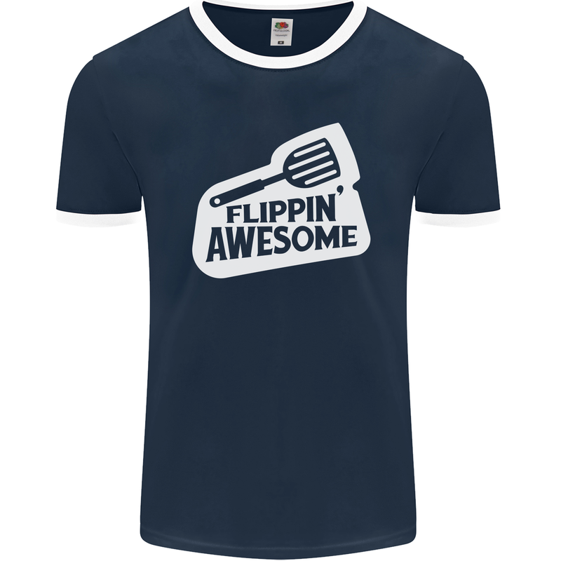 Flipping Awesome Funny Chef BBQ Fathers Day Mens Ringer T-Shirt FotL Navy Blue/White