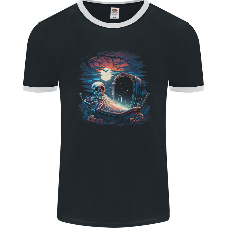 A Coffin and Skeleton in a Graveyard Halloween Mens Ringer T-Shirt FotL Black/White