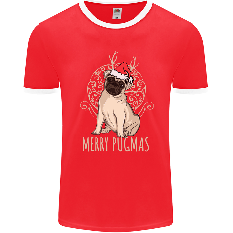 Merry Pugmas Funny Christmas Pug Mens Ringer T-Shirt FotL Red/White