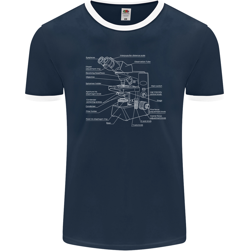 Microscope Science Biology Mens Ringer T-Shirt FotL Navy Blue/White