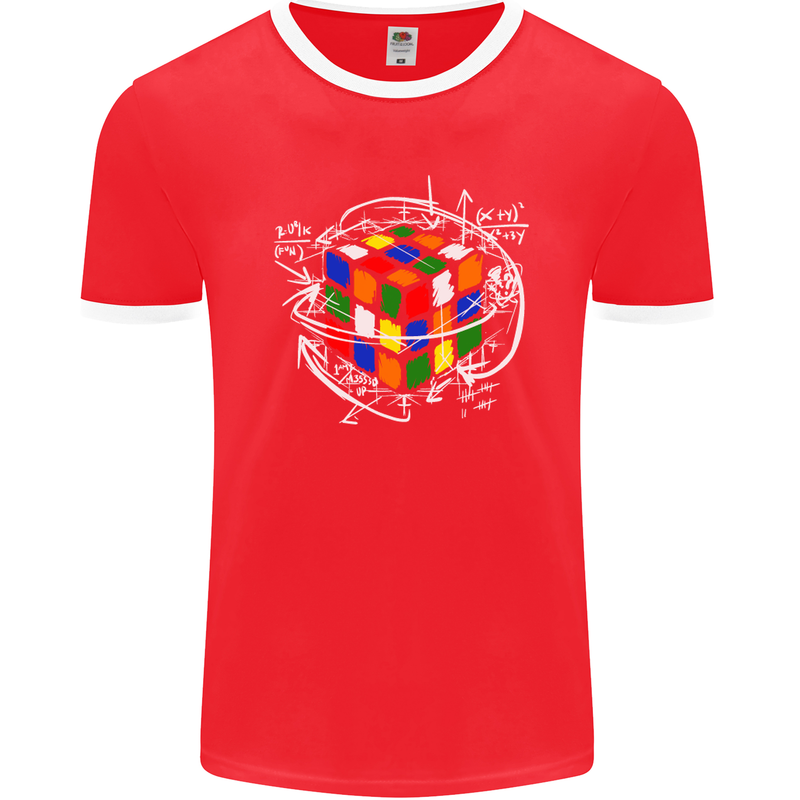 Rubix Cube Equation Funny Puzzle Enigma Mens Ringer T-Shirt FotL Red/White