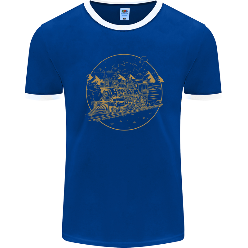 Gold Locomotive Steam Engine Train Spotter Mens Ringer T-Shirt FotL Royal Blue/White