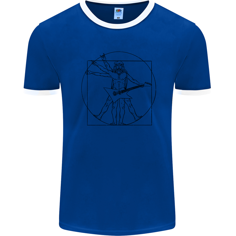 Old Rocker Vitruvian Guitarist Funny Guitar Mens Ringer T-Shirt FotL Royal Blue/White