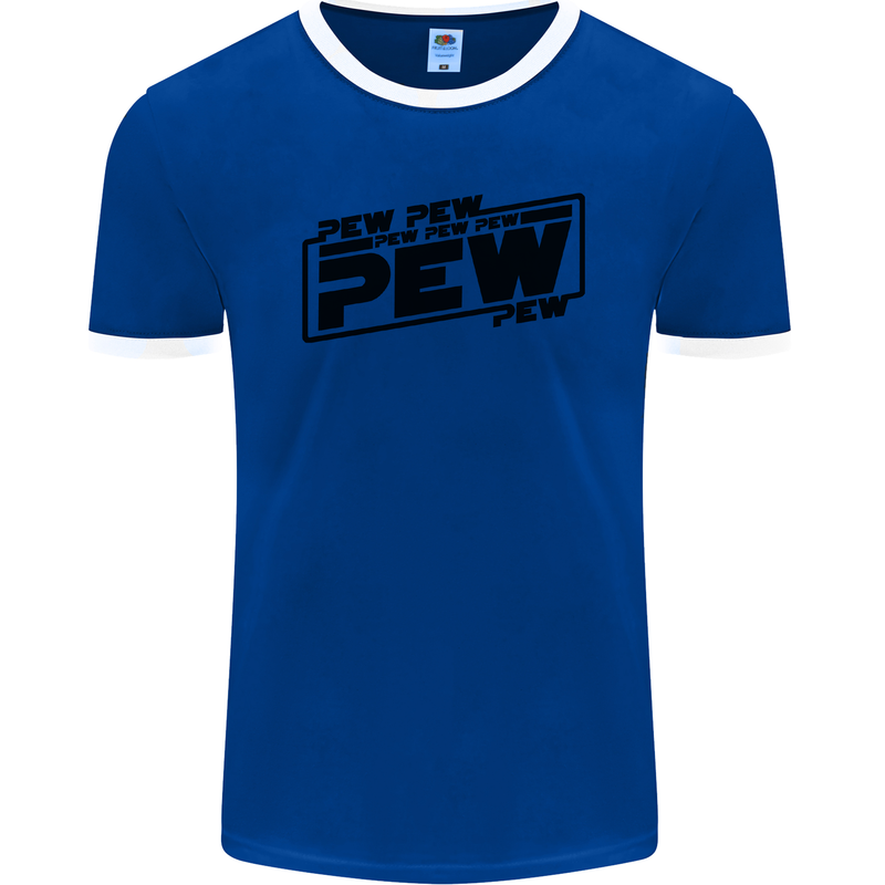Pew Pew Pew Funny SCI-FI Movie Lightsaber Mens Ringer T-Shirt FotL Royal Blue/White
