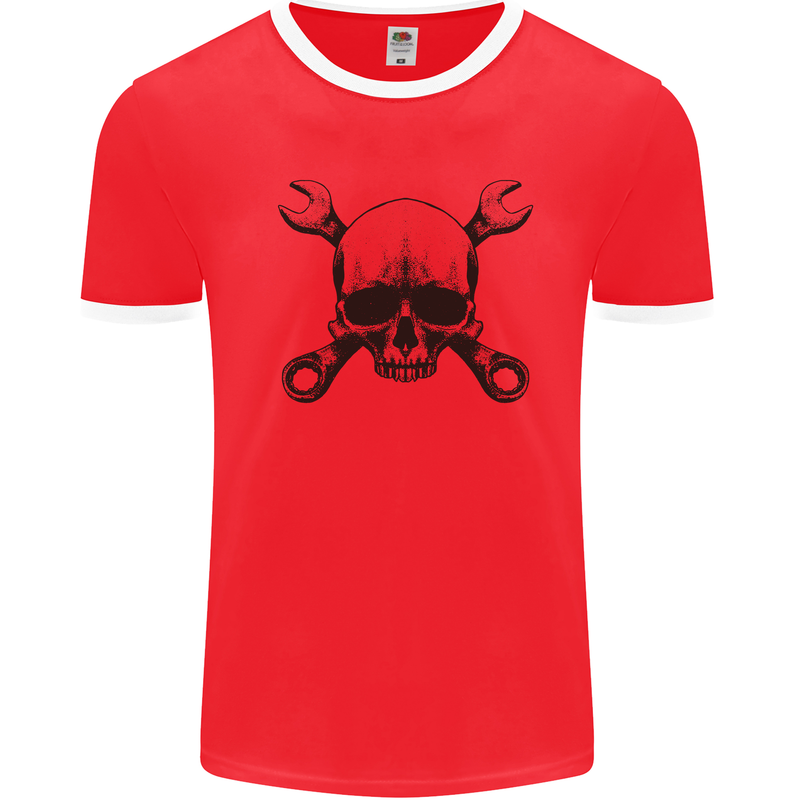 Spanner Skull Mechanic Car Biker Motorcycle Mens White Ringer T-Shirt Red/White