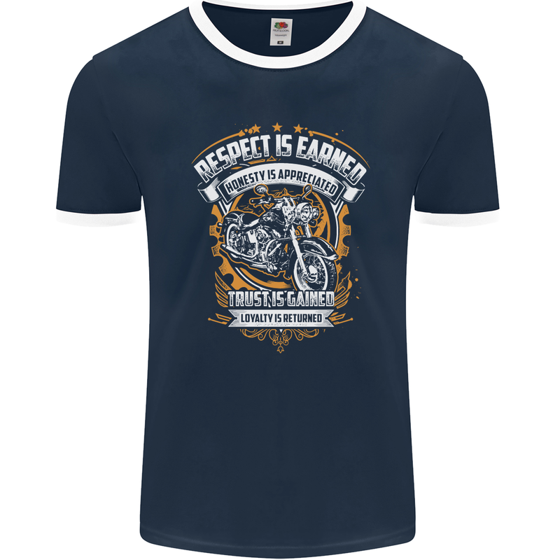 Respect Earned Motorcycle Motorbike Biker Mens Ringer T-Shirt FotL Navy Blue/White