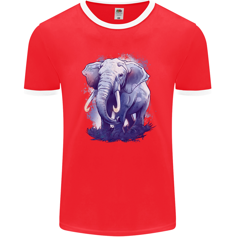 An Elephant Watercolour Mens Ringer T-Shirt FotL Red/White