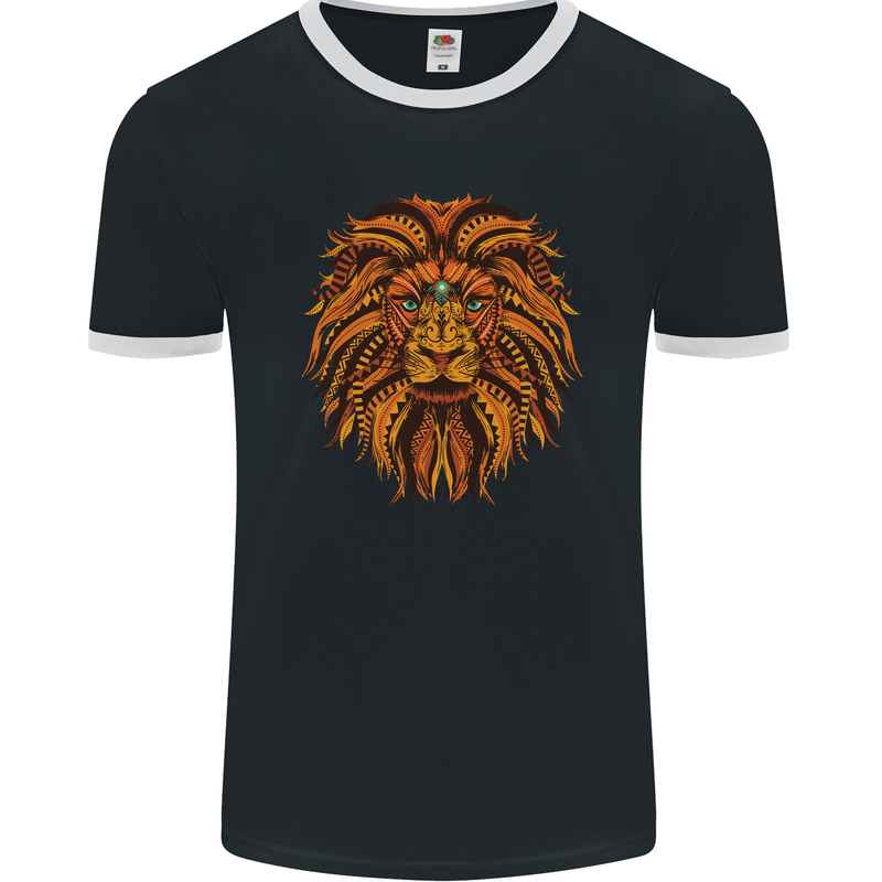 Mandala Art Lion Mens Ringer T-Shirt FotL Black/White