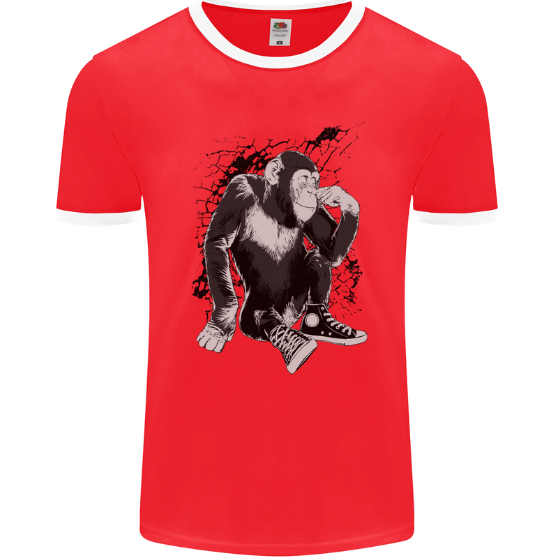 Chilled Out Chimp Chimpanzee Monkey Mens Ringer T-Shirt FotL Red/White