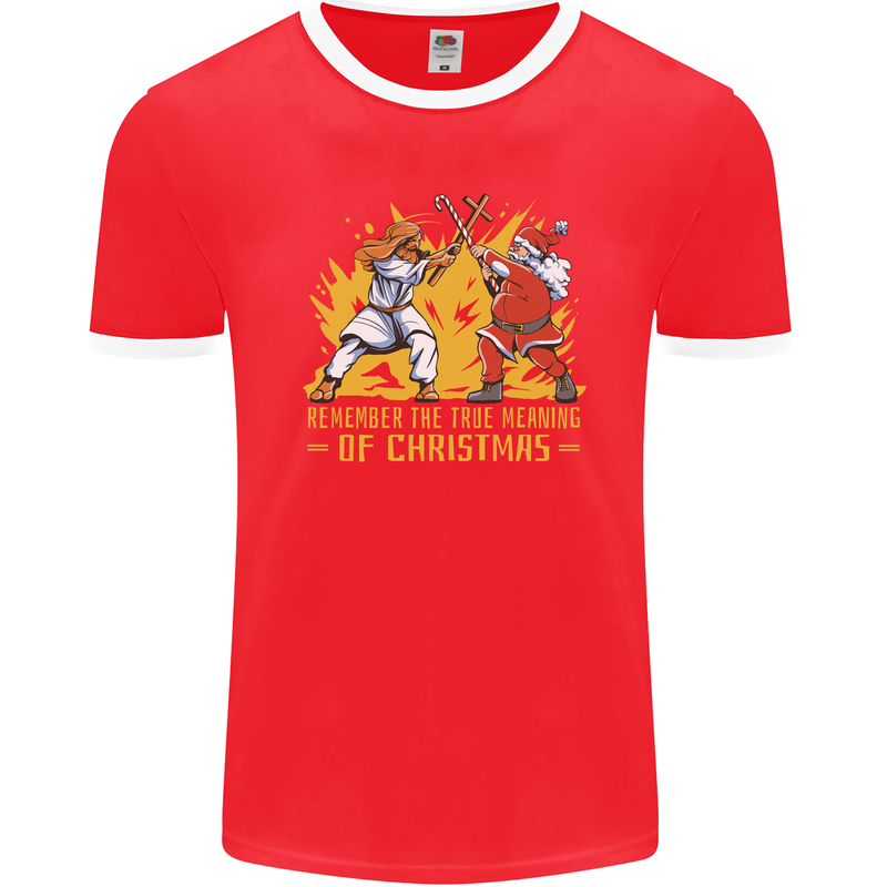 Santa vs Jesus Funny Christmas Xmas Mens Ringer T-Shirt FotL Red/White