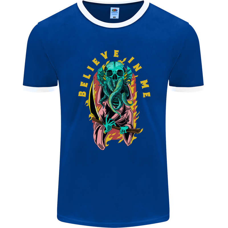 Cthulhu Believe in Me Octopus Kraken Skull Mens Ringer T-Shirt FotL Royal Blue/White