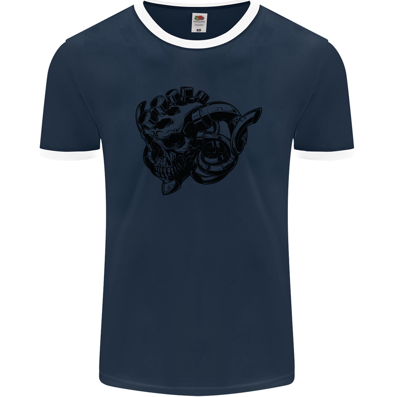 Turbo Skull Car Enthusiast Engine Drifting Mens Ringer T-Shirt FotL Navy Blue/White