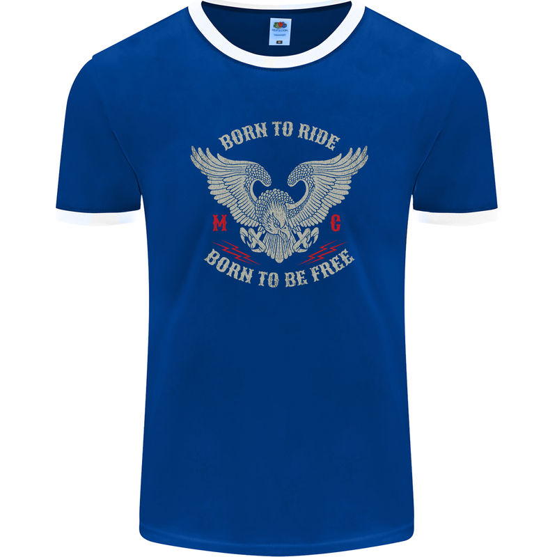 Born to Ride Biker Motorcycle Motorbike Mens Ringer T-Shirt FotL Royal Blue/White