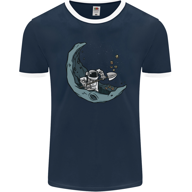 Cryptocurrency Mining the Moon Mens Ringer T-Shirt FotL Navy Blue/White