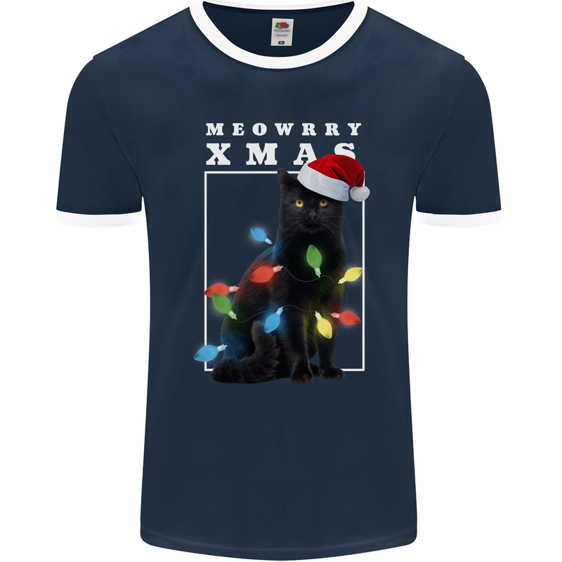 Meowy Christmas Tree Funny Cat Xmas Mens Ringer T-Shirt FotL Navy Blue/White