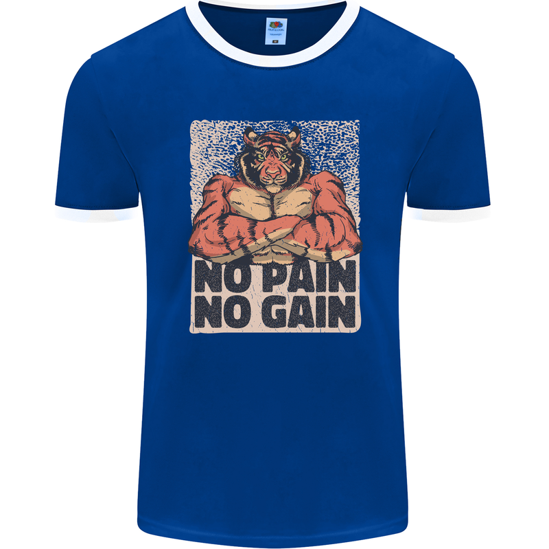 Gym Tiger No Pain No Gain Training Top Mens Ringer T-Shirt FotL Royal Blue/White