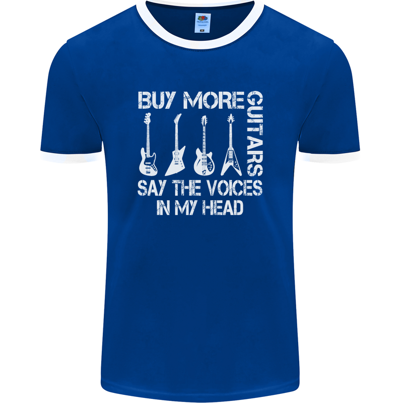 Buy More Guitars Say the Voices Funny Mens Ringer T-Shirt FotL Royal Blue/White