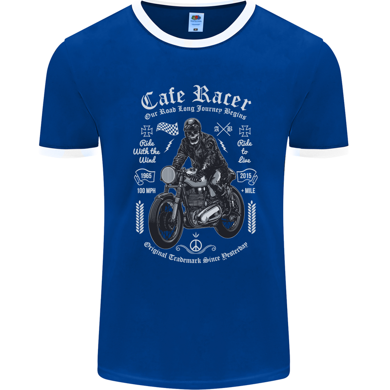 Cafe Racer Motorcycle Motorbike Biker Mens Ringer T-Shirt FotL Royal Blue/White