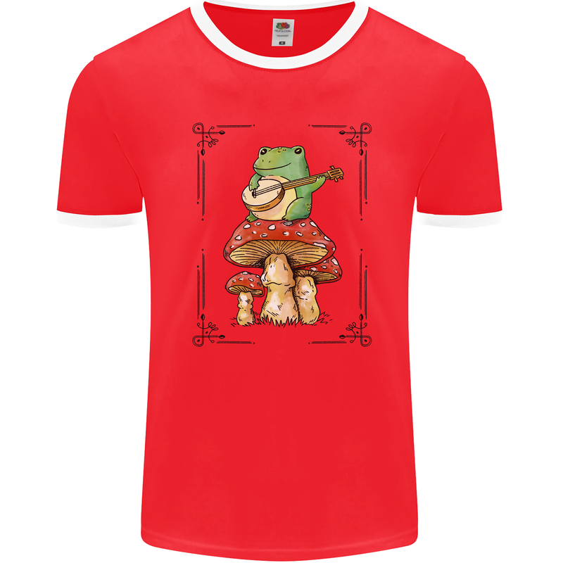 A Frog Playing the Guitar on a Toadstool Mens Ringer T-Shirt FotL Red/White