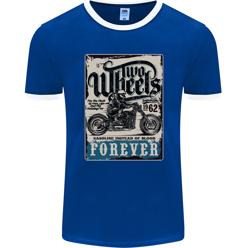 Two Wheels Biker Motorcycle Motorbike Mens Ringer T-Shirt FotL Royal Blue/White