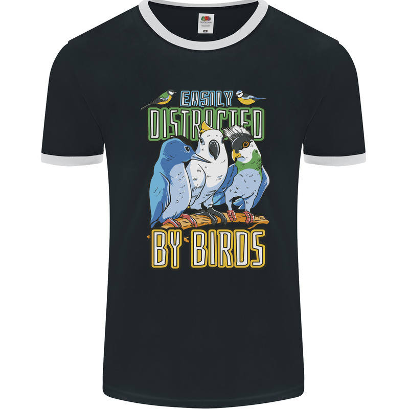 Easily Distracted by Bird Watching Mens Ringer T-Shirt FotL Black/White