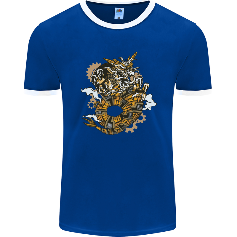 Steampunk Dragon Mens Ringer T-Shirt FotL Royal Blue/White