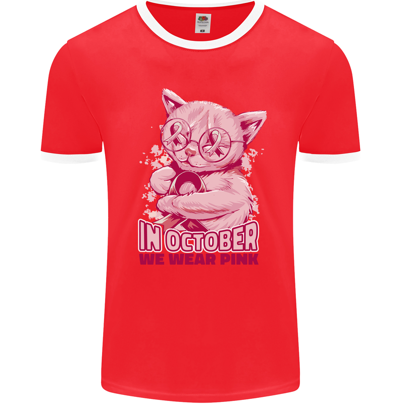 Breast Cancer Awareness October Cat Mens Ringer T-Shirt FotL Red/White