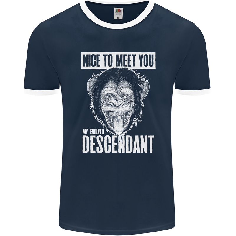 Chimp Evolved Dessendant Funny Monkey Ape Mens Ringer T-Shirt FotL Navy Blue/White