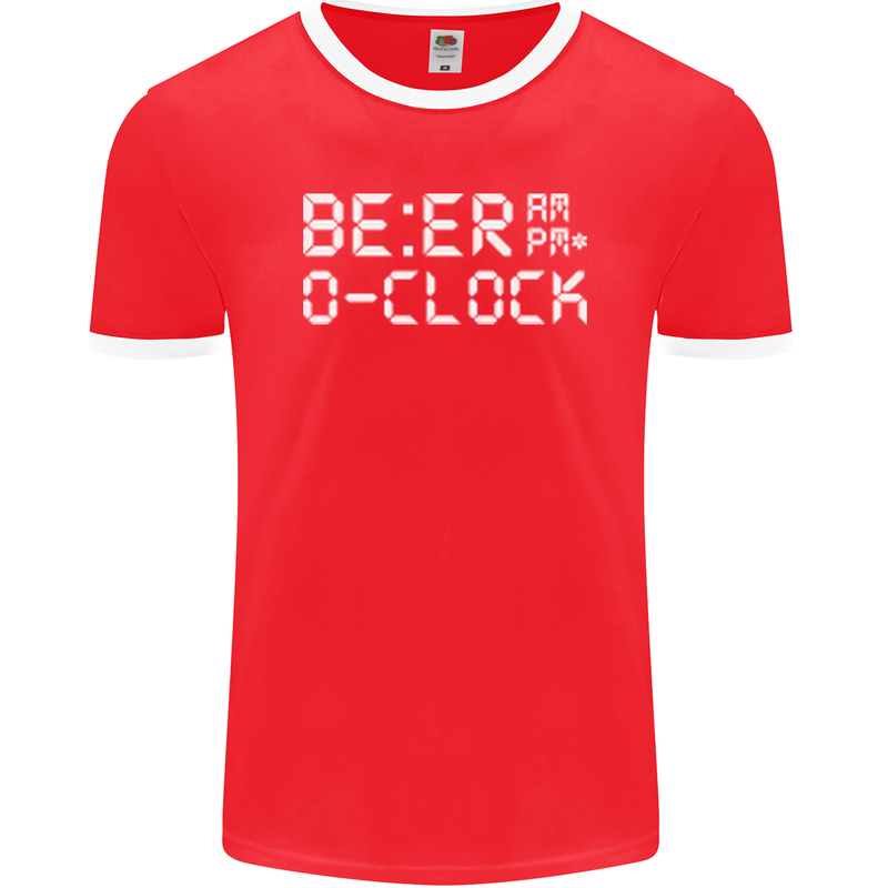 Beer O'Clock Funny Alcohol Drunk Humor Mens Ringer T-Shirt FotL Red/White