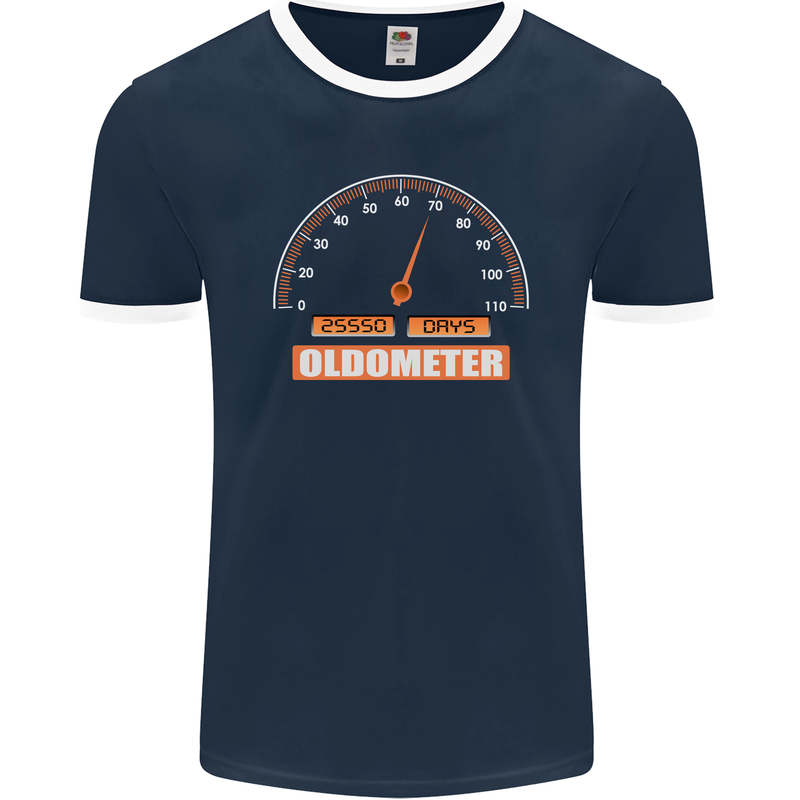 70th Birthday 70 Year Old Ageometer Funny Mens Ringer T-Shirt FotL Navy Blue/White