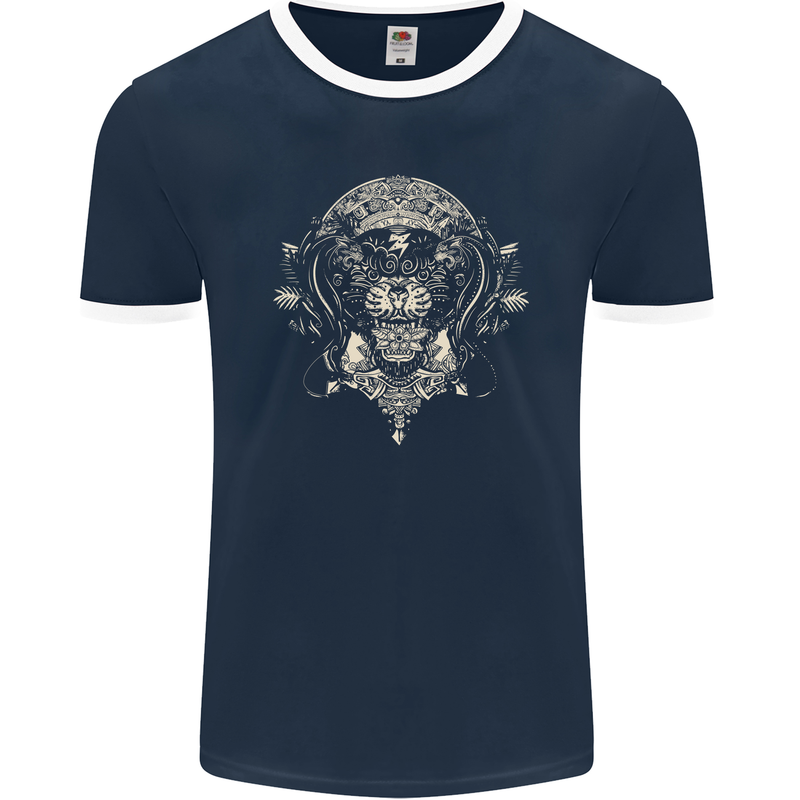 Ancient Mayan Aztec Tiger Art Tattoo Tribal Mens Ringer T-Shirt FotL Navy Blue/White