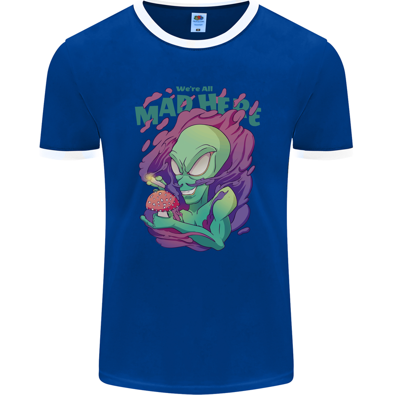 All Mad Here Alien Magic Mushrooms Mens Ringer T-Shirt FotL Royal Blue/White