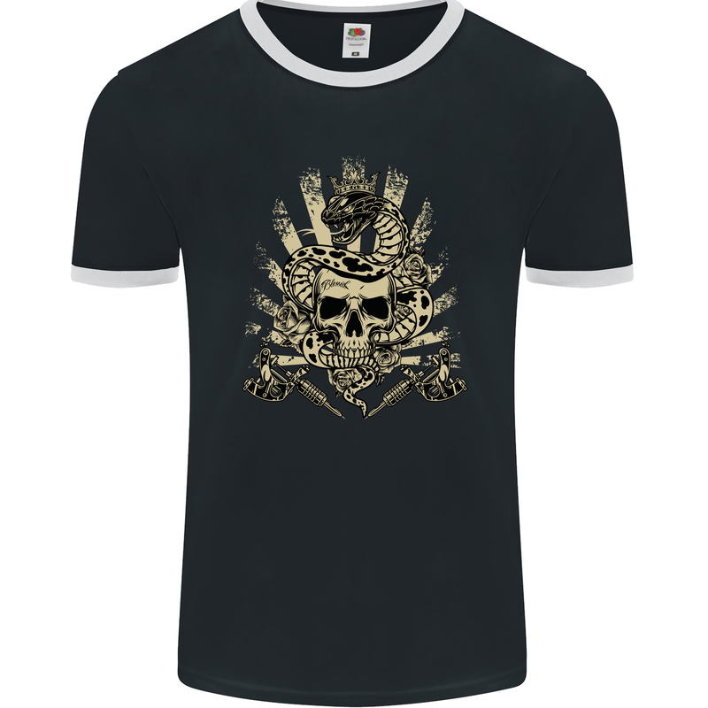 Tattoo Skull Snake Tattooist Biker Gothic Mens Ringer T-Shirt FotL Black/White