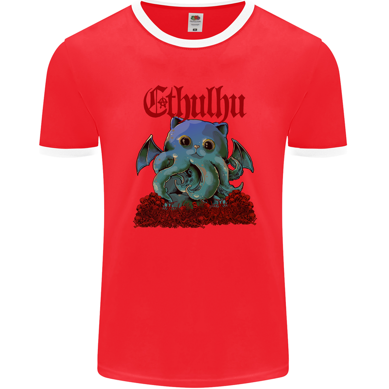 Cathulhu Funny Cat Cthulhu Parody Kraken Mens Ringer T-Shirt FotL Red/White