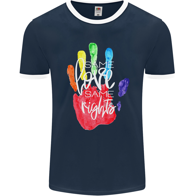 LGBT Same Love Same Rights Gay Pride Day Mens Ringer T-Shirt FotL Navy Blue/White