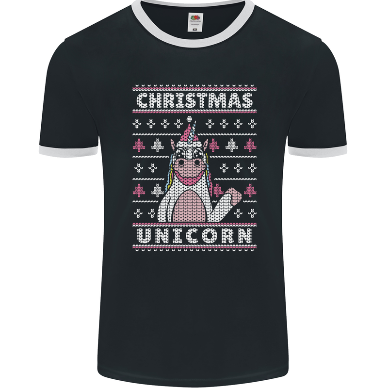 Funny Christmas Unicorn Pattern Mens Ringer T-Shirt FotL Black/White