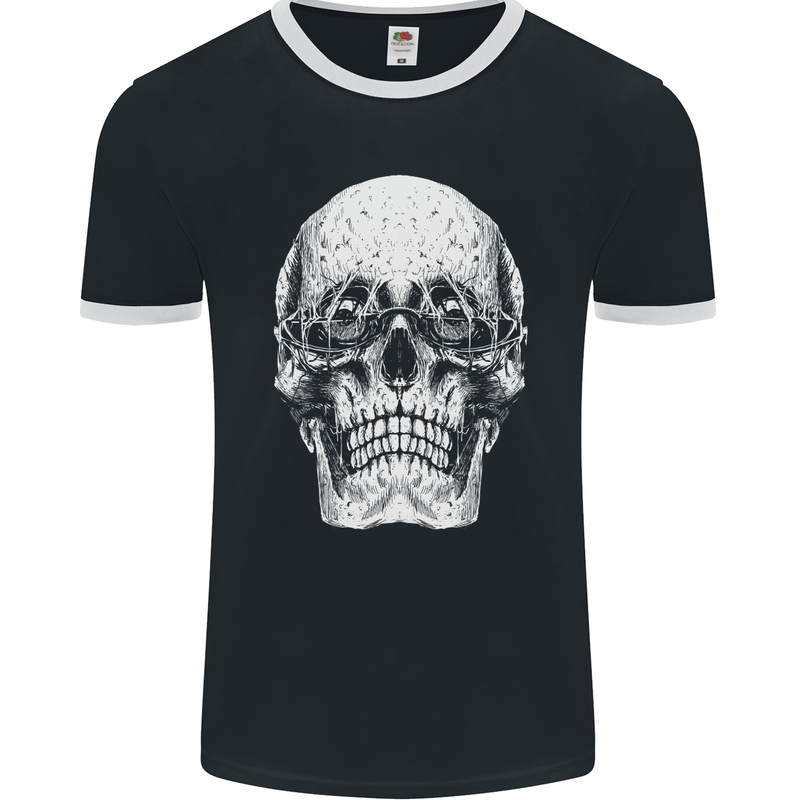 Old Man Skull With Glasses Gothic Biker Mens Ringer T-Shirt FotL Black/White