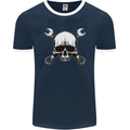 Spanner Skull Mechanic Car Biker Motorbike Mens Ringer T-Shirt FotL Navy Blue/White