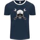 Spanner Skull Mechanic Car Biker Motorbike Mens Ringer T-Shirt FotL Navy Blue/White