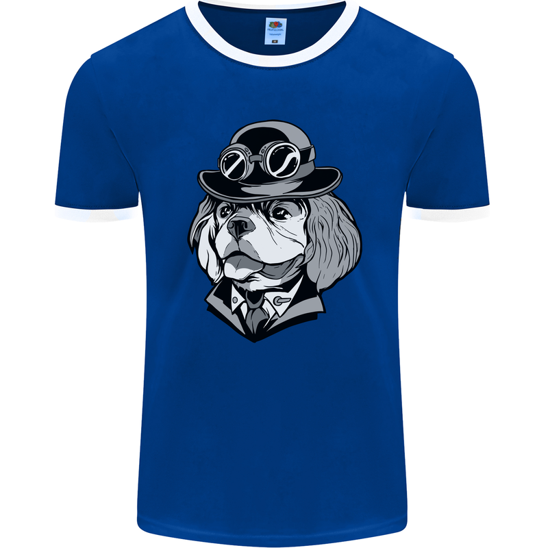 Steampunk King Charles Spaniel Cavelier Mens Ringer T-Shirt FotL Royal Blue/White