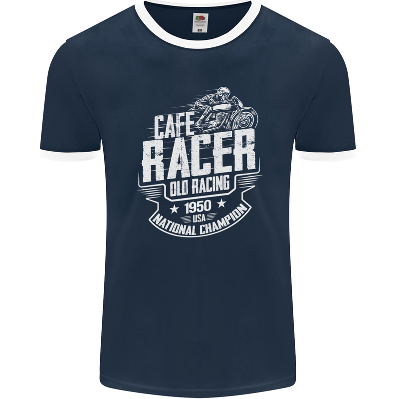 Cafe Racer Old Racing Biker Motorcycle Mens Ringer T-Shirt FotL Navy Blue/White