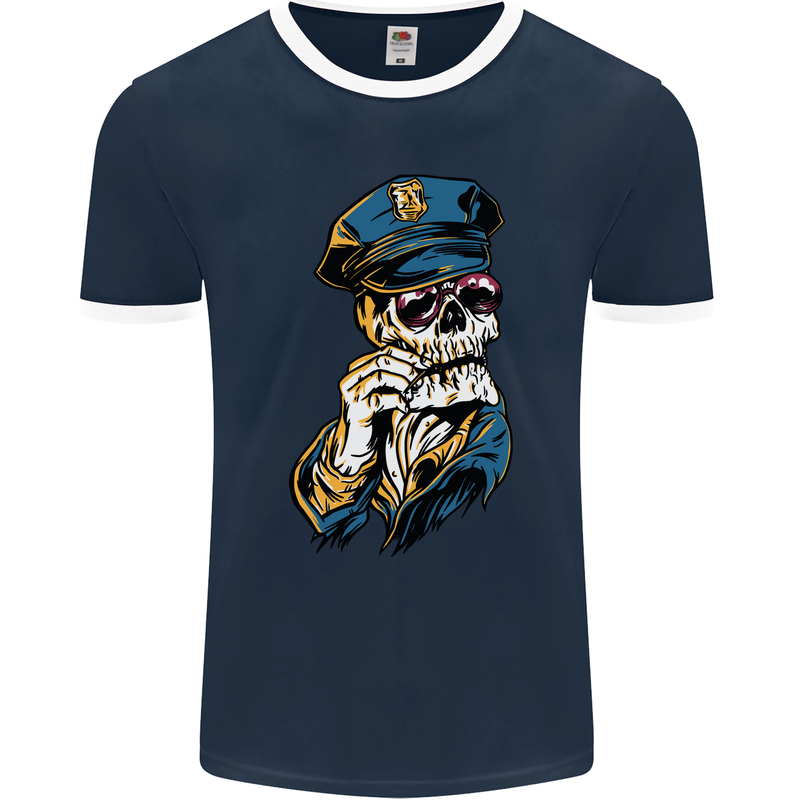 Policeman Skull Police Officer Force Mens Ringer T-Shirt FotL Navy Blue/White