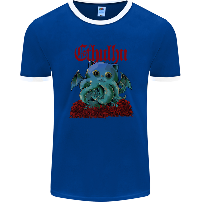 Cathulhu Funny Cat Cthulhu Parody Kraken Mens Ringer T-Shirt FotL Royal Blue/White