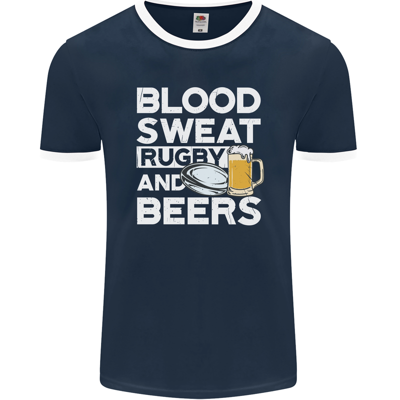 Blood Sweat Rugby and Beers Funny Mens Ringer T-Shirt FotL Navy Blue/White